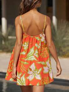 Women Boho Graphic Mini Cami Dress Spaghetti Strap Floral Short Dress Flowy Backless Sling Dress Summer Sundress - Yellow - View 3