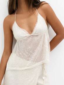 Women Tank Tops Sequins V-Neck Tie-Up Halter Neck Casual Vests Summer Sleeveless Tops Streetwear