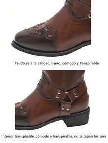 Elegante señoras retro PU grueso fondo botas a media pantorrilla, estilo universitario antideslizante resistente al desgaste botas de las mujeres casuales, de moda y versátil partido botas de las mujeres occidentales, adecuado para todos los días, de fiesta, tenis, béisbol, deportes, ropa de viaje - Gris Oscuro - Ver 2