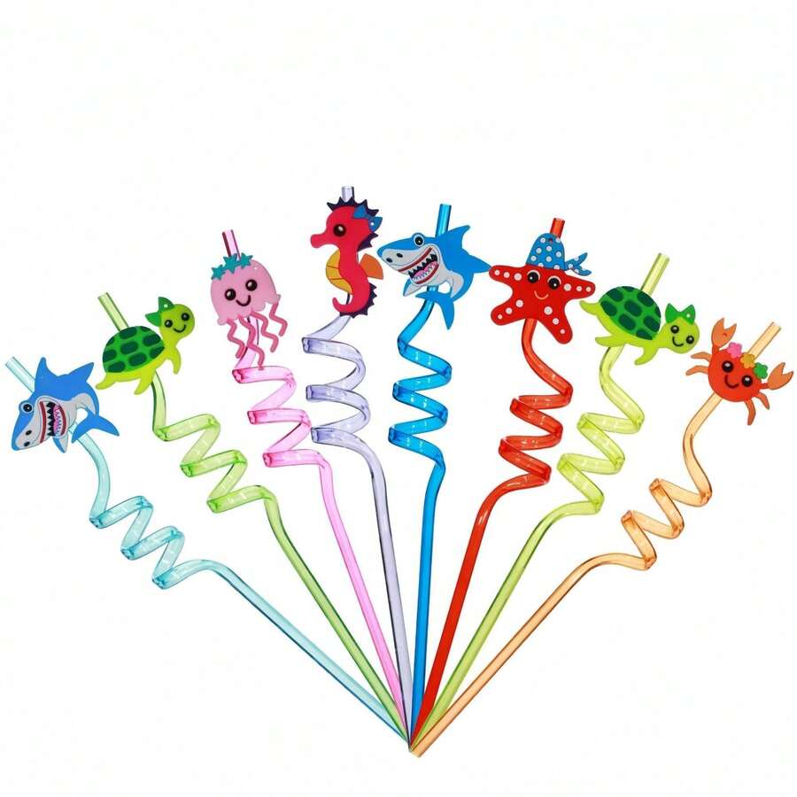 8pcs Reusable Cartoon Sea Animal Drinking Straws, Birthday Party Supplies, Bar Party Straws - Multicolor - View 1