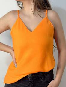 Women's Tank Top With Adjustable Straps Basic Crepe Strappy Top - Naranja - Ver 4