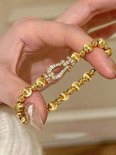 1 件马蹄扣水钻镶嵌猫眼石串珠手链，奢华时尚铜金色，适合女士，适合宴会、派对、舞会、聚会和日常服装配饰