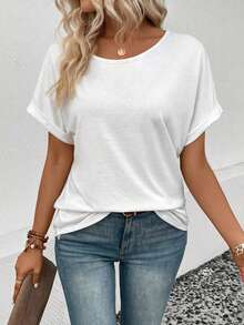 Lässiges einfarbiges T-Shirt mit Fledermausärmeln, Sommer - Weiss - Übersicht 4