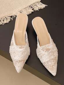 女士蕾丝网眼露背穆勒鞋，2025 年夏季新款时尚尖头高跟鞋迷你高跟凉鞋，优雅淑女风格 - 白色 - 查看 5