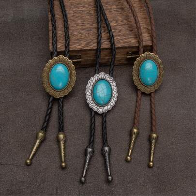 1pc Vintage Bolo Tie Necklace, Natural Blue Turquoise Oval Pattern Design Long Boho Western Cowboy Style Rope Necklace