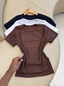 Kit 3 Women's Ribbed Blouses Baby Tee Basic Short Sleeve Babylook Colors  2025 - Brown/Black/White - View 3