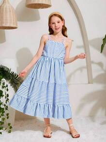 1 pièce Robe camisole à rayures confortable et décontractée pour jeunes filles, convient pour les fêtes, les sorties décontractées, les vacances, les activités extérieures, l'été