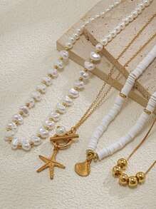 4 pièces/Set Collier à maillons métalliques avec perles fausses et franges, style océan. Collier ras-du-cou étoile de mer en couches. Convient pour un port quotidien. Accessoires de bijoux pour femmes