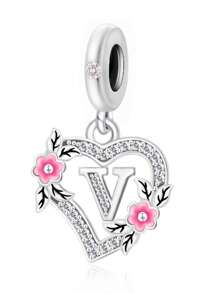 HuooNew 1pc 925 Sterling Silver Heart Shape Letter Inlaid Cubic Zirconia DIY Pendant, Suitable For Men & Women, Party/Gift