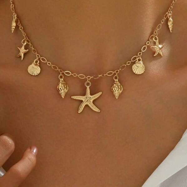 Collana dorata da donna, accessori gioiello, catena con ciondoli estivi da spiaggia, conchiglia, stella marina, conchiglia, tartaruga, stile boho