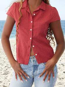Women's Summer Casual Plaid Shirt Red Short Sleeve Turn Down Collar Buton Up Tops - 紅色 - 查看 2