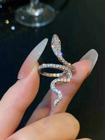 1 pieza Anillo de serpiente elegante y brillante estilo gótico con piedra de circonita, brazalete ajustable, joyería única para hombres y mujeres, decoración especial para fiestas