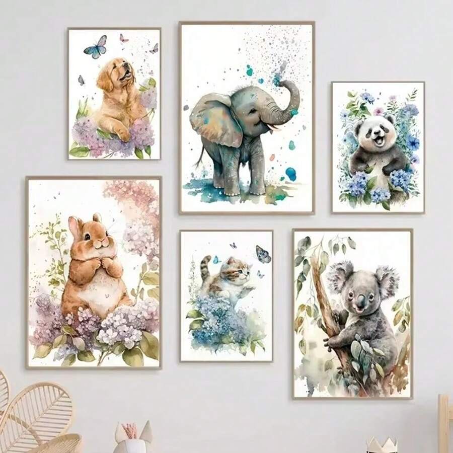 1pc Wall Arts Posters Optional Frame Modern Cat Cartoon Animal Watercolor Posters Elephant Panda Tiger Koala Nursery Canvas Painting Wall Art Print Pictures Baby Room Decor