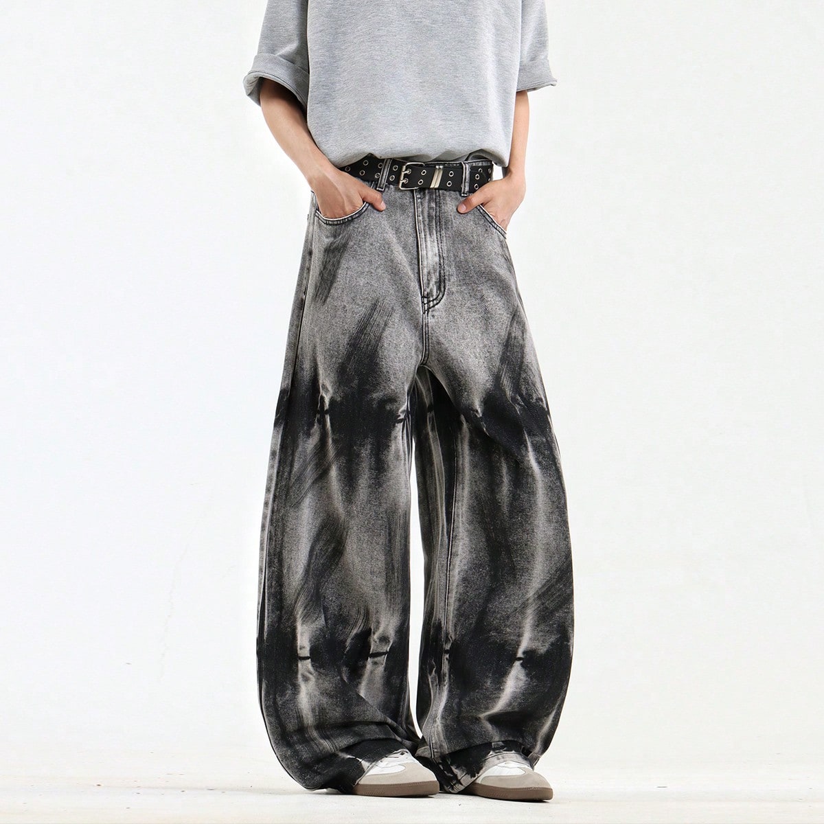 Pieza Jeans de mezclilla estilo retro americano para hombres, pantalones casuales de pierna ancha personalizados, lavados, de ajuste holgado y estilo