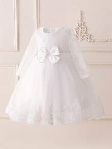 蕾丝长袖蝴蝶结网纱优雅花童公主裙，适合学校、钢琴演奏会、正式场合，不含头饰 - 白色 - 查看 3