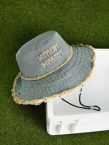 DareSee 1pc Vintage Washed Frayed Edge Embroidered English Letter Drawstring Bucket Hat, Suitable For Couples, Outdoor Sports, Traveling And Daily Use Music Fest Y2KFest Back To School Autumn Winter Gifts - Multicolor - View 7