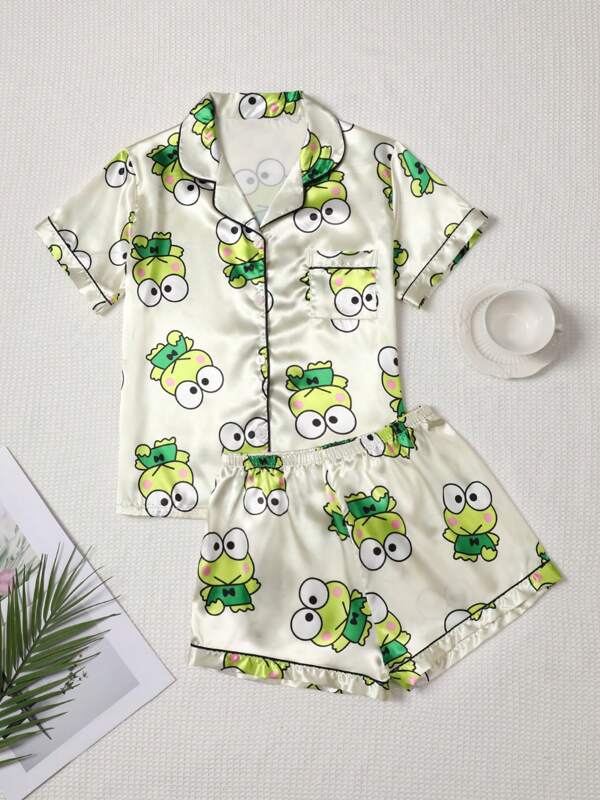 Sanrio Conjunto de pijama de seda de Hello Kitty, 97% poliéster 3% elastano, manga corta, con solapa, lazo, bolsillo frontal con botones, y adornos a contraste, de Sanrio