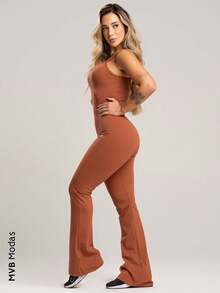 Fitness Flare Jumpsuit With Adjustable Straps Polyamide Mvb Modas - Rust Brown - View 2