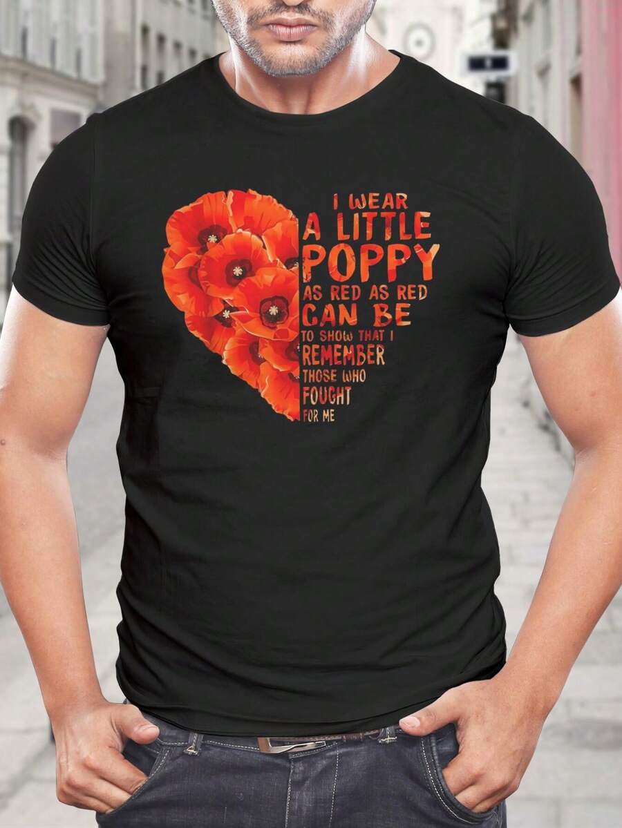 Camiseta con corazón de amapola del Día del Recuerdo - No lo olvidemos - Regalo para el Día de los Veteranos - Camiseta patriótica para hombres y mujeres - Corte cómodo negro - Camiseta de papá de primera calidad - Negro - Ver 1