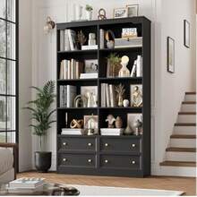 FINETONES 71" Black Bookshelf With 4 Drawers, 6-Tier Double Wide Bookshelves And Bookcases With Storage, Tall Bookshelf Large Op - 1 - View 2