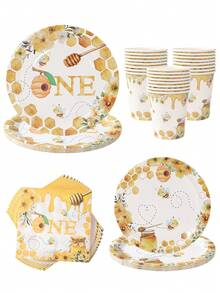 40 Peças Conjunto Descartável de Utensílios de Mesa com Tema de Abelha, Inclui 8 Pratos de Papel de 7 Polegadas e 9 Polegadas, 8 Copos de Papel, 16 Guardanapos e Talheres de Papel, Adequado para Feriados Familiares, Suprimentos para Festa de Aniversário com Tema de Abelha, Lembrancinhas de Festa - Conjunto de pratos de abelha - Visão 1