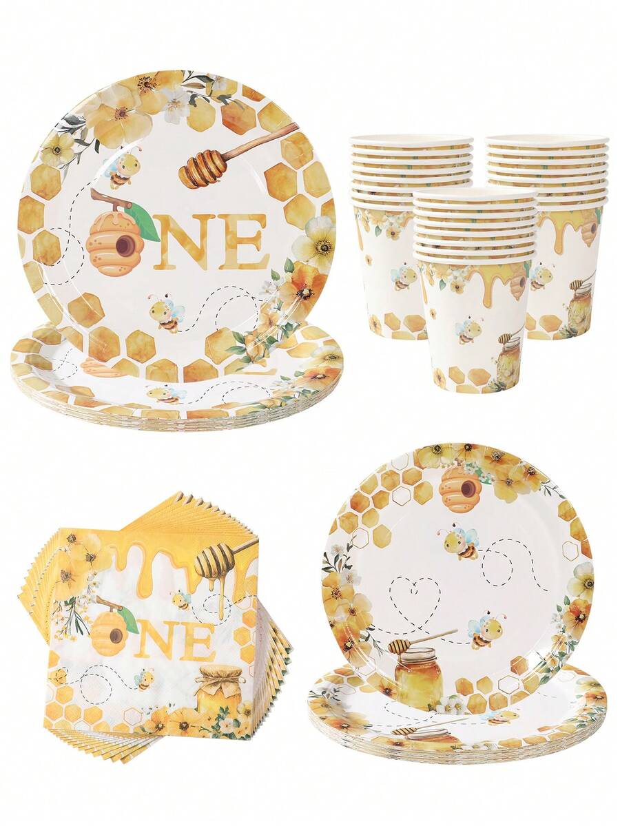 40 Peças Conjunto Descartável de Utensílios de Mesa com Tema de Abelha, Inclui 8 Pratos de Papel de 7 Polegadas e 9 Polegadas, 8 Copos de Papel, 16 Guardanapos e Talheres de Papel, Adequado para Feriados Familiares, Suprimentos para Festa de Aniversário com Tema de Abelha, Lembrancinhas de Festa - Conjunto de pratos de abelha - Visão 1