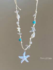 1 件贝壳、海星、花卉串珠吊坠项链，多色编织贝壳和人造珍珠，天然石，女士夏季海滩度假