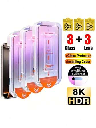 [3+3 paquets] Protecteur d'écran en verre trempé couvrant tout l'écran + Protecteur d'objectif de caméra pour iPhone 16/16e/15/14/13/12/11/16 Pro Max/15 Pro/Plus/Mini/17/17 Air, film en verre trempé ultra HD 9H, facile à installer, anti-traces de doigts, compatible avec les coques, applicateur de film à un clic