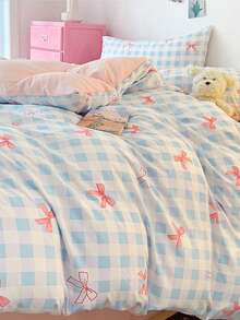 2/3pcs Pink Bow, Blue Plaid Bedding Set, Suitable For Students, Super Soft, Sweet & Cute, Brushed Duvet Cover & Pillowcase Set, Spring/Summer, Available In Twin/Queen/King Size