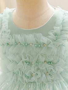 Vestido de princesa elegante sin mangas de unicolor con decoración de lentejuelas, estilo coreano para fiesta de niñas - Verde - Ver 5