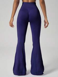 女士弹力喇叭裤弹力罗纹腰提臀舞蹈裤心形提臀瘦身长裤 - 藏蓝色 - 查看 4