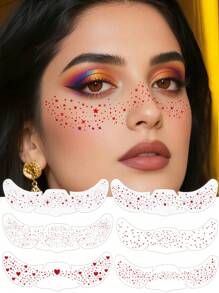 6 Blatt rote glitzernde Sommersprossen Gesichts-Tattoos, funkelnde Sommersprossen-Glitzer-Tattoos mit Herz-, Punkt- und Stern-Muster, rote wasserfeste Glitzer-Temporäre Tattoos für Erwachsene, tägliches Make-up für Reisen, Festivals und Partys