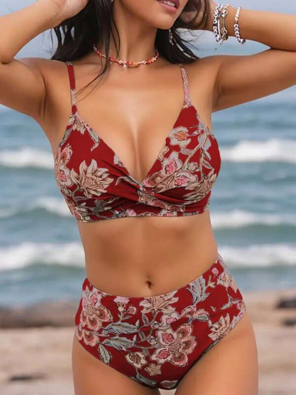 1 Stück Bikini Set mit hoher Taille, Damen Bikini Set mit zwei Teilen und gekreuzten Trägern, Patchwork aus Polyester-Strick-Gewebe, dehnbare Strandbekleidung