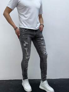 Men's Grey Distressed Skinny Jeans, Fashionable For Summer - Blue - View 1