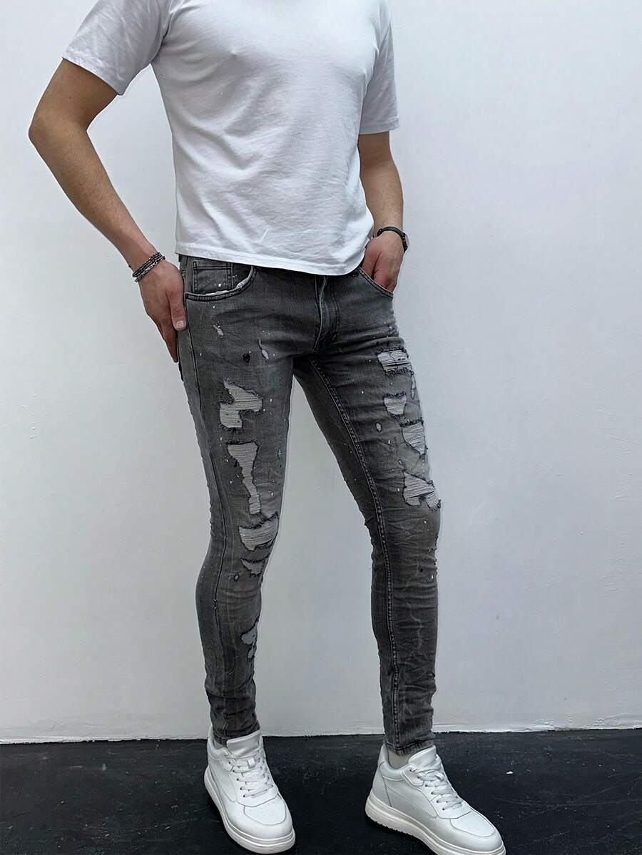 Men's Grey Distressed Skinny Jeans, Fashionable For Summer - Blue - View 1