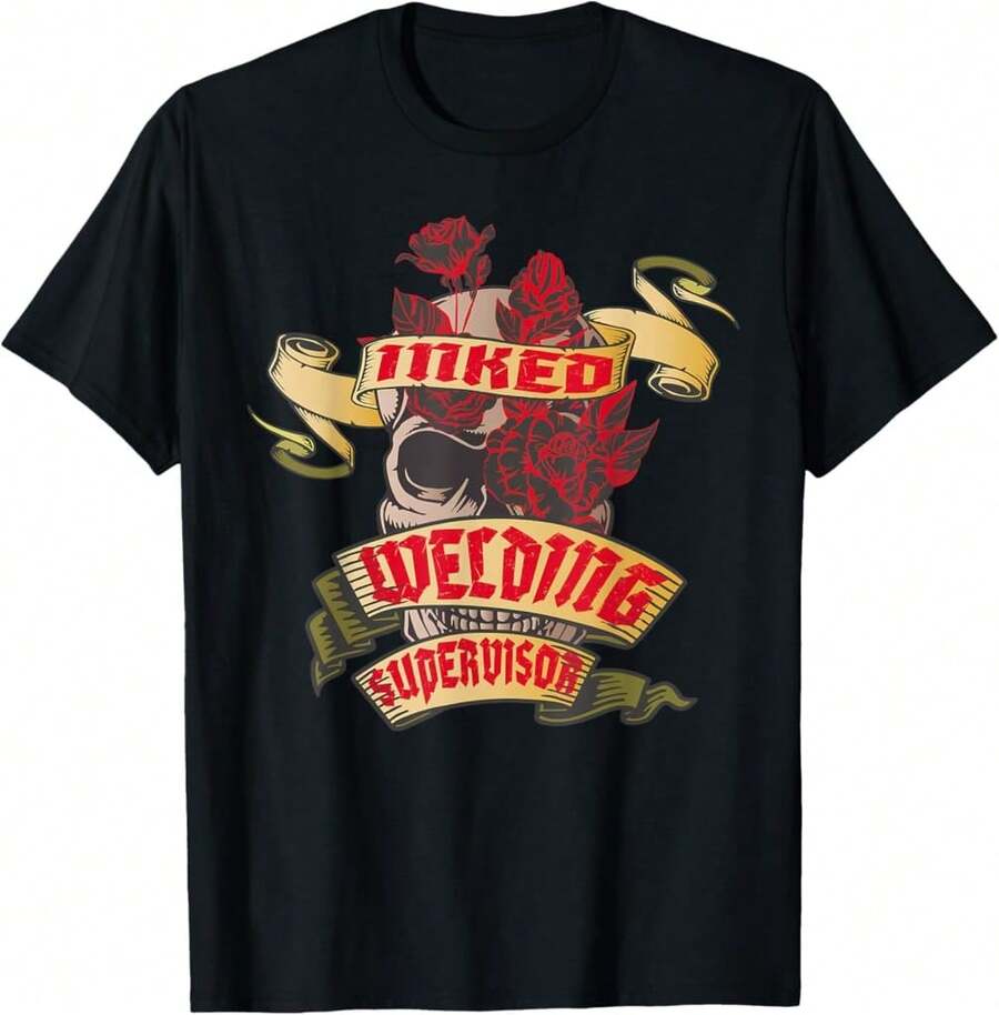 Welding Ervisor Inked Skull & Red Roses Tattoo T-Shirt$AL Gifts For Grandparents - Black - View 1
