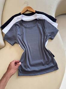 Kit 3 Women's Ribbed Blouses Baby Tee Basic Short Sleeve Babylook Colors  2025 - Trắng/Xám/Đen - Xem 3