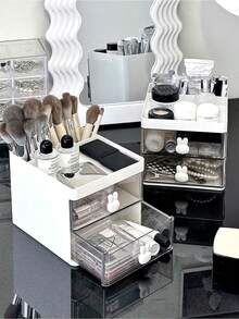 1 件白色化妆品收纳盒，带抽屉分隔桌面收纳架，塑料化妆品收纳盒，多功能桌面整理收纳，文具收纳盒，笔筒，化妆品展示架，化妆刷收纳桶，护肤品收纳盒，适用于浴室、书房、梳妆台，送给妈妈的礼物，适合度假海滩、浴室收藏、卧室收藏，大容量 - 白色 - 查看 2