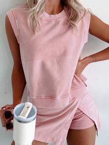 Scacto Summer 2 Pieces Mineral Wash Cotton Tank Top Lined Split Skirt Set - 粉色 - 查看 3