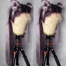 Purple Color Lace Front Wigs Pre Plucked Hairline Long Straight Wigs For Fashion Women Girls Party Daily Wear Glueless Dark Purple Lace Front Synthetic Wigs 13x4 Free Part Heat Resistant Fiber Hair 28 Inch 180% Density - Màu tím ombre - Xem 3