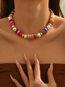1 pieza Collar de estilo bohemio y resort con trenzado, piedras y perlas para mujeres (color aleatorio)