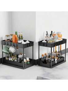 Under Sink Organizers And Storage, 2-Tier Sliding Cabinet Basket Organizer With Hooks, Multi-Purpose Under Sink Organizers And Storage For Bathroom Kitchen - Black - View 6