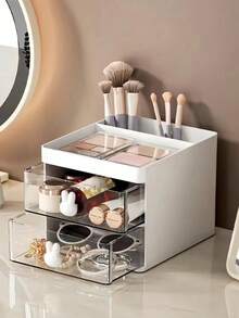 1pc White Makeup Storage Box With Drawers, Divided Compartments, Desktop Organizer For Cosmetics, Skincare, Lipsticks, Brushes, Eyeshadow, Nail Polish, Perfume, Suitable For Computer Desk, Office Desk, Vanity, Bathroom Shelf, Home Decor, Stationery Holder, Bunny Button Makeup Case, Women's Day Gift, Gift For Mom,For Holiday Beach, Bathroom Collection, Bedroom Collection, Large Capacity - White - View 3