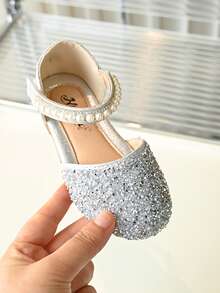 1 Pair Fashionable Versatile Pink Girl's Pearl & Rhinestone Bow Cute Flat Sandals, Round Toe Casual, Dance, Outdoor Wear, Spring & Autumn, Sequin Decor Closed Toe Princess Shoes - Silver - View 2