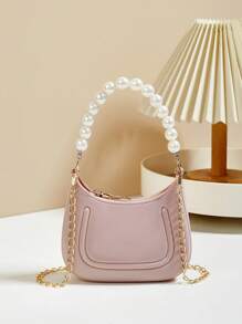 Mini Underarm Bag For Toddler Girls, Pearl Decor Zipper Closure Handbag, Lovely Gift Bag For Girls