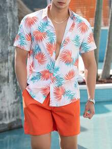 Men's Casual Set With Short Sleeve Shirt And Printed Shorts - 橘色 - 查看 5
