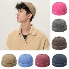 Gorra sin visera estilo vaquero lavado vintage de unicolor ajustable, sombrero redondo de algodón al estilo hip hop - Multicolor - Ver 3