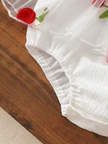 Baby Girls' Cute Cherry Printed Bodysuit With Hat Cap Sleeve, Mesh Decor, Suitable For Spring/Summer Outdoor - White - View 5