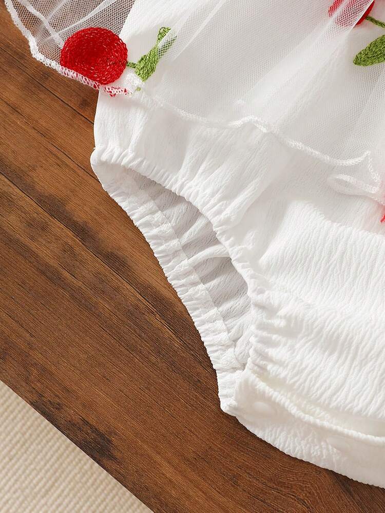 Bodys de bebé niña con estampado de cerezas lindas con gorro, manga corta, decoración de malla, adecuado para primavera/verano al aire libre - Blanco - Añade 5