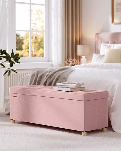 Storage Ottoman, 38 X 110 X 40 Cm, Folding Storage Bench With Lid, Footstool, Footrest, 112 L, Velvet Surface, For Bedroom, Hallway, Living Room, Jelly Pink Back To School Dormitory Storage